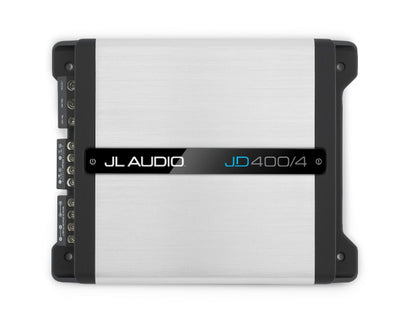 JL Audio JD400/4 : 100W or 75W 4ch Amplifier @ 2Ω or 4Ω, top side.