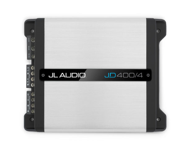 JL Audio JD400/4 : 100W or 75W 4ch Amplifier @ 2Ω or 4Ω, top side.